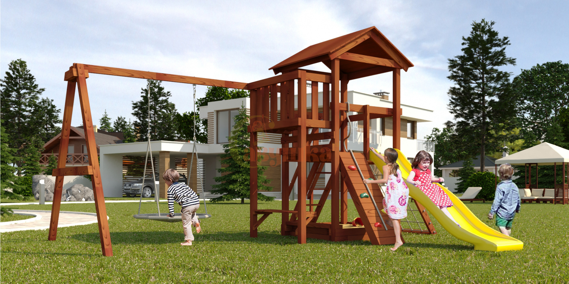 Савушка Мастер 2 с качелями Гнездо 1 метр (Махагон) Недорогие детские комплексы