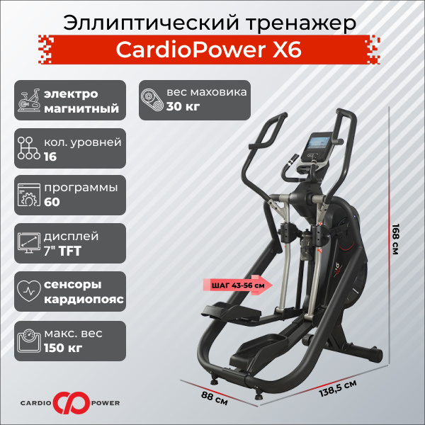 CardioPower X6 из каталога эллиптических тренажеров с длиной шага от 50 см в Санкт-Петербурге по цене 179900 ₽